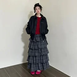 Deeptown Vintage Ruffle Plaid Skirt Women Elegant Sweet Long Skirts Japanese Style Streetwear Fashion Patchwork Layered Skirt