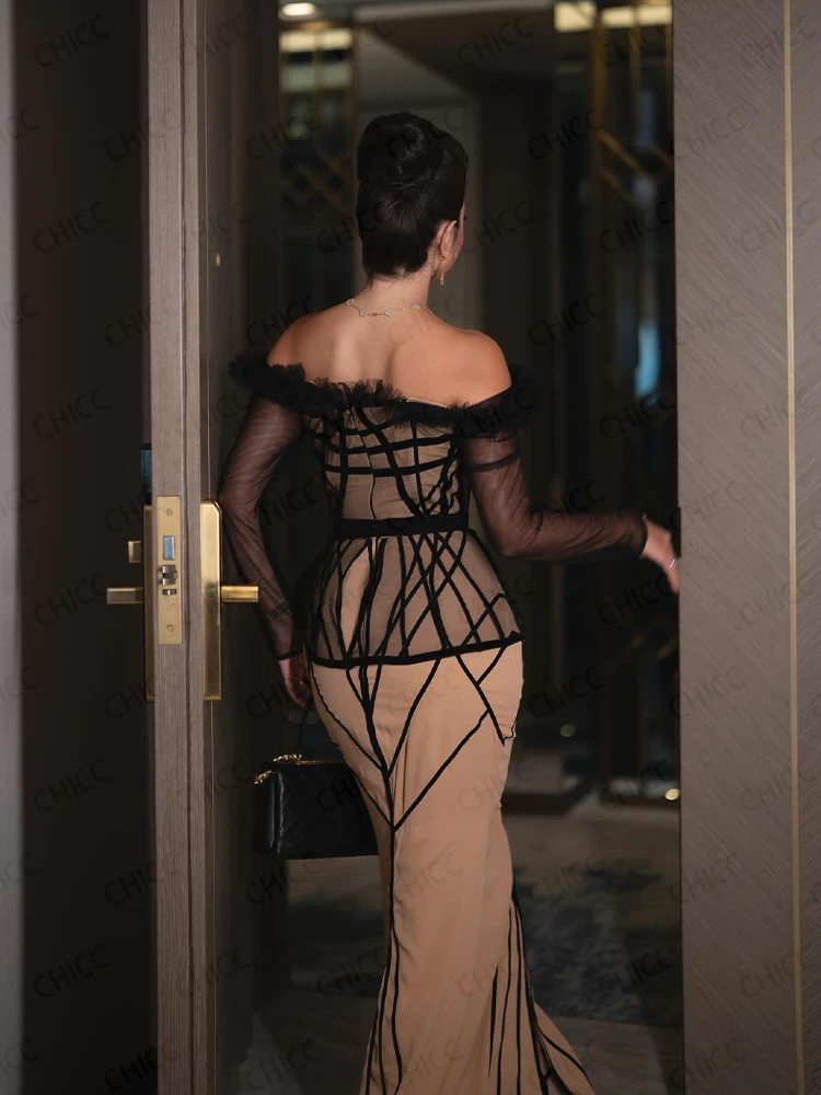 Elegant Black Evening Dresses Off Shoulder Long Sleeve Prom Dress Mermaid Feather Wedding Guest Dress Customized robes de soirée