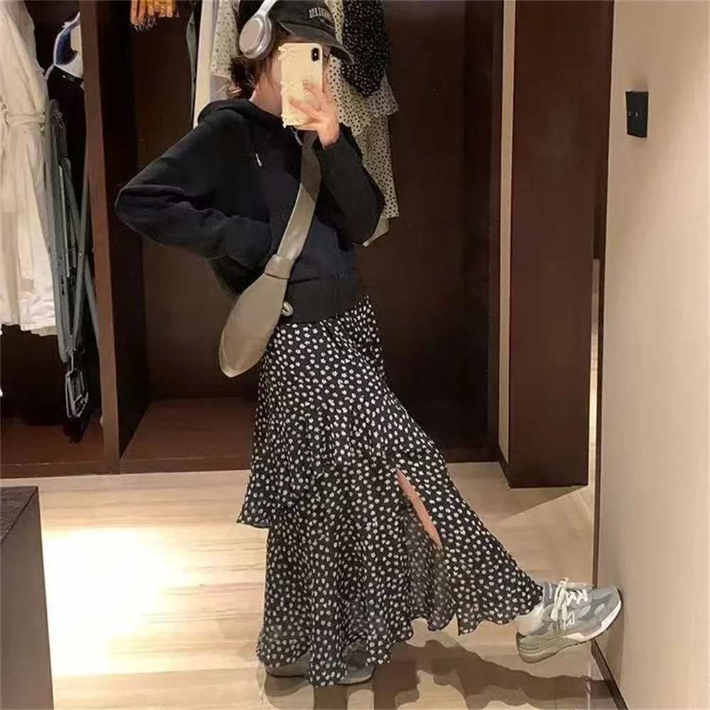 Summer New High Waist All Match Midi A Line Skirt Female Vintage Ruffles Floral Print Skirt Women Korean Fashion Side Slit Skirt