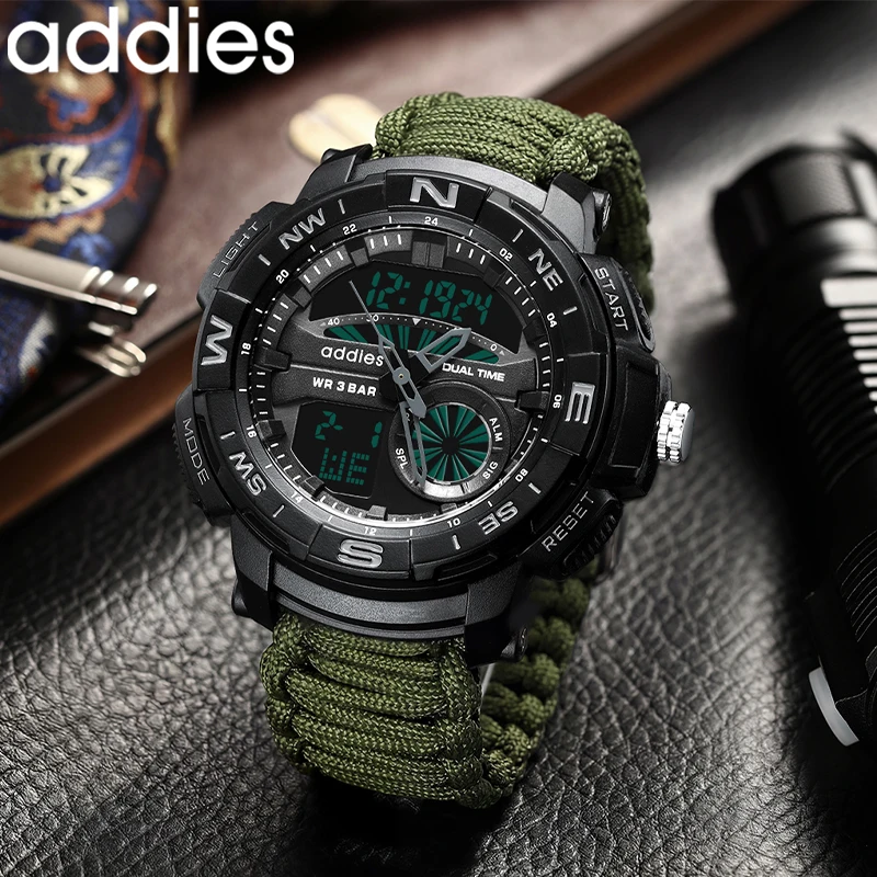 ADDIES Men Military-style Electronic Analog Digital Watch Rubber Case 3Bar Watch Acrylic Glass Nylon Strap Outdoor Sports Watch