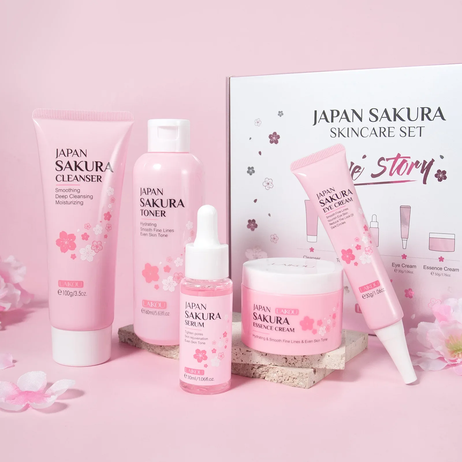 LAIKOU 5pcs Sakura Skin Care Sets Facial Cleanser Hydrating Eye Creams Face Cream Serum Toner Moisturizing Face Care Kit