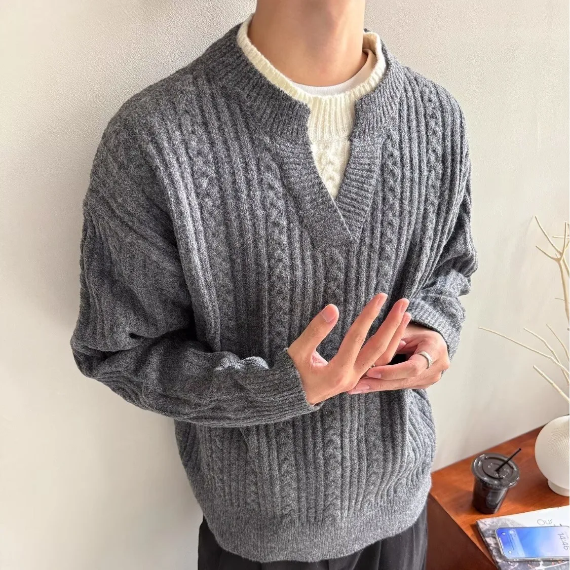 

Мужской вязаный свитер, повседневный Sle V-Ne Warmth Twist, свободный крой, осень-зима, модный корейский Sle, длинное волокно из полиэстера