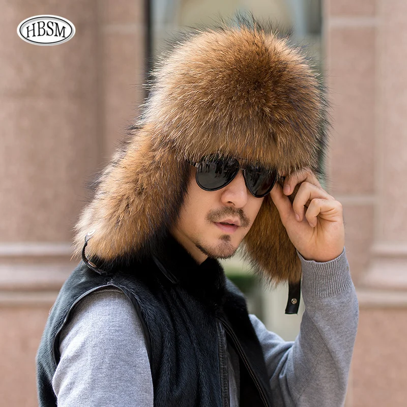 Men Real Fur Hat Fox Trapper Bomber Hats Russian Ushanka Warm Winter Raccoon Fur Earflap Hat Outdoor Sports Skiing Plush Cap