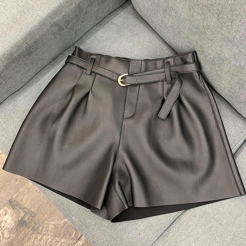 5 Colors Genuine Leather Shorts for Women 2024 Fall Winter New Slim-fit High Waist Belt Femme Casual Wide-leg Sheepskin Shorts