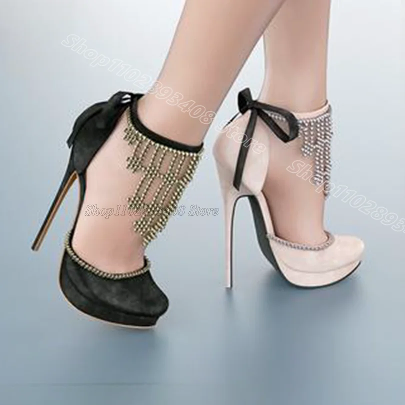 Black Tassel Style Lace up Pumps Round Toe Stiletto Heels Spring Sexy British Style Casual Party Women Shoes Zapatos Para Mujere