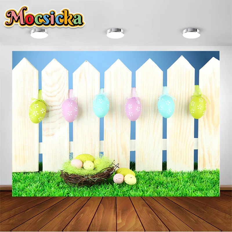 Easter Girls Portrait Photography Background Spring Garden Wooden Door Green Grass Colorful Eggs Bunny Backdrop  Photo Studio