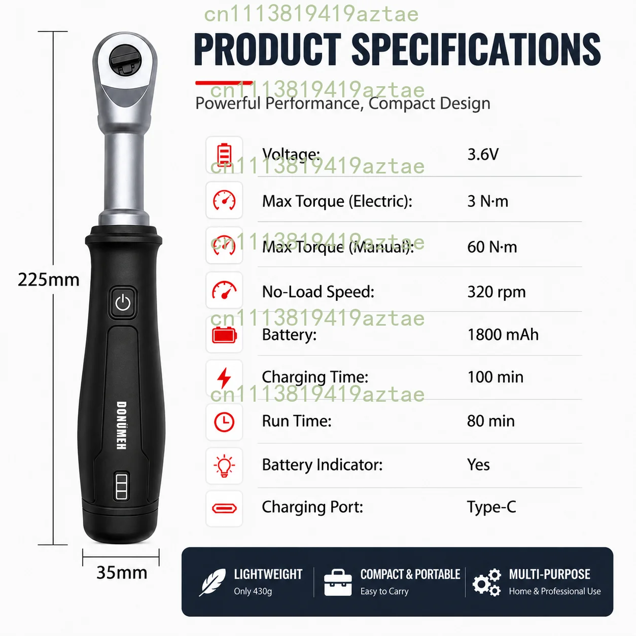 3/8 Inch Cordless Electric Ratchet Wrench 3.6V USB-C Charging LED Light Auto Repair Tool
