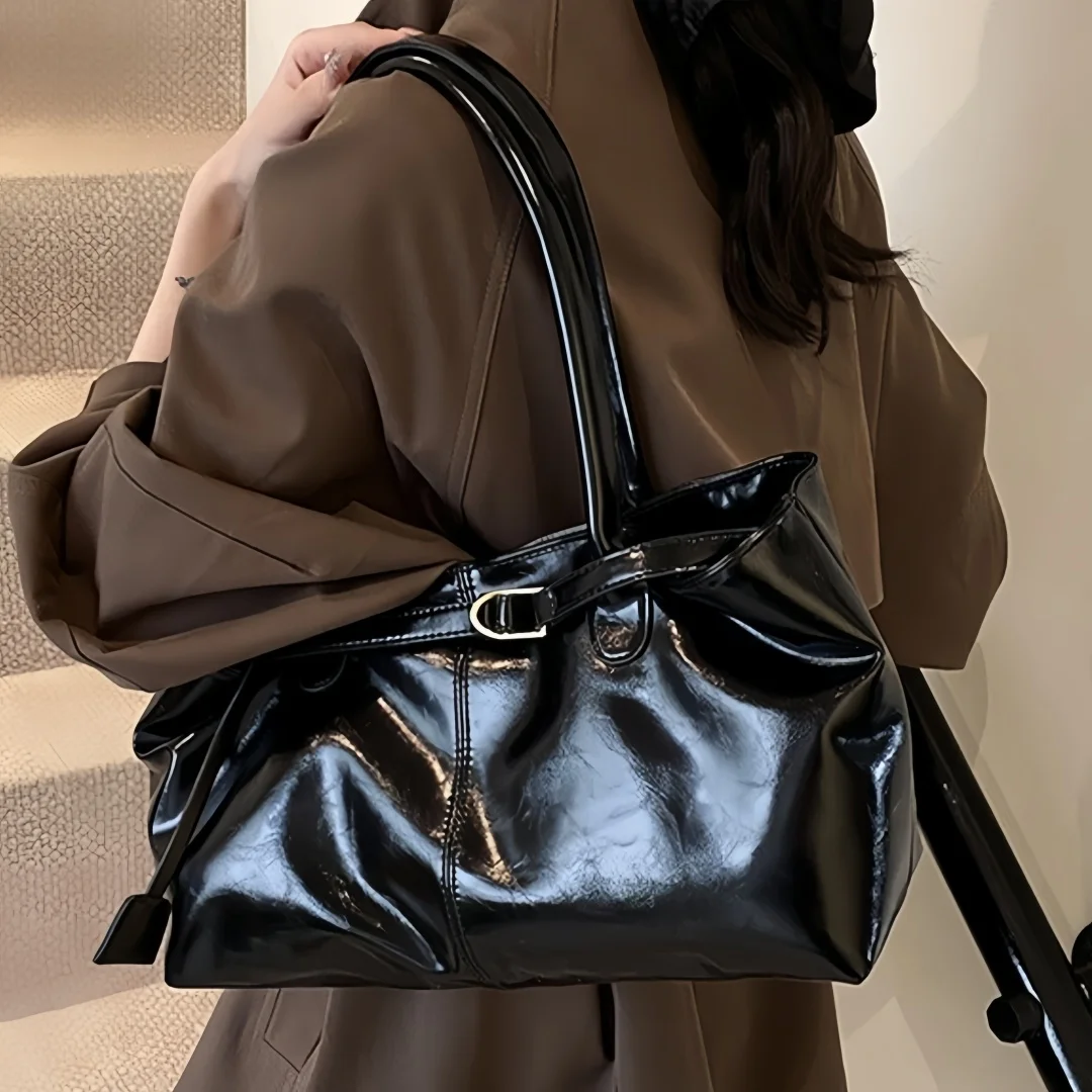 Women Shiny Oil Wax PU Leather Tote Bag Vintage Belt Buckle Shoulder Bag Large Capacity Hobo Handbag for Office Daily Commute