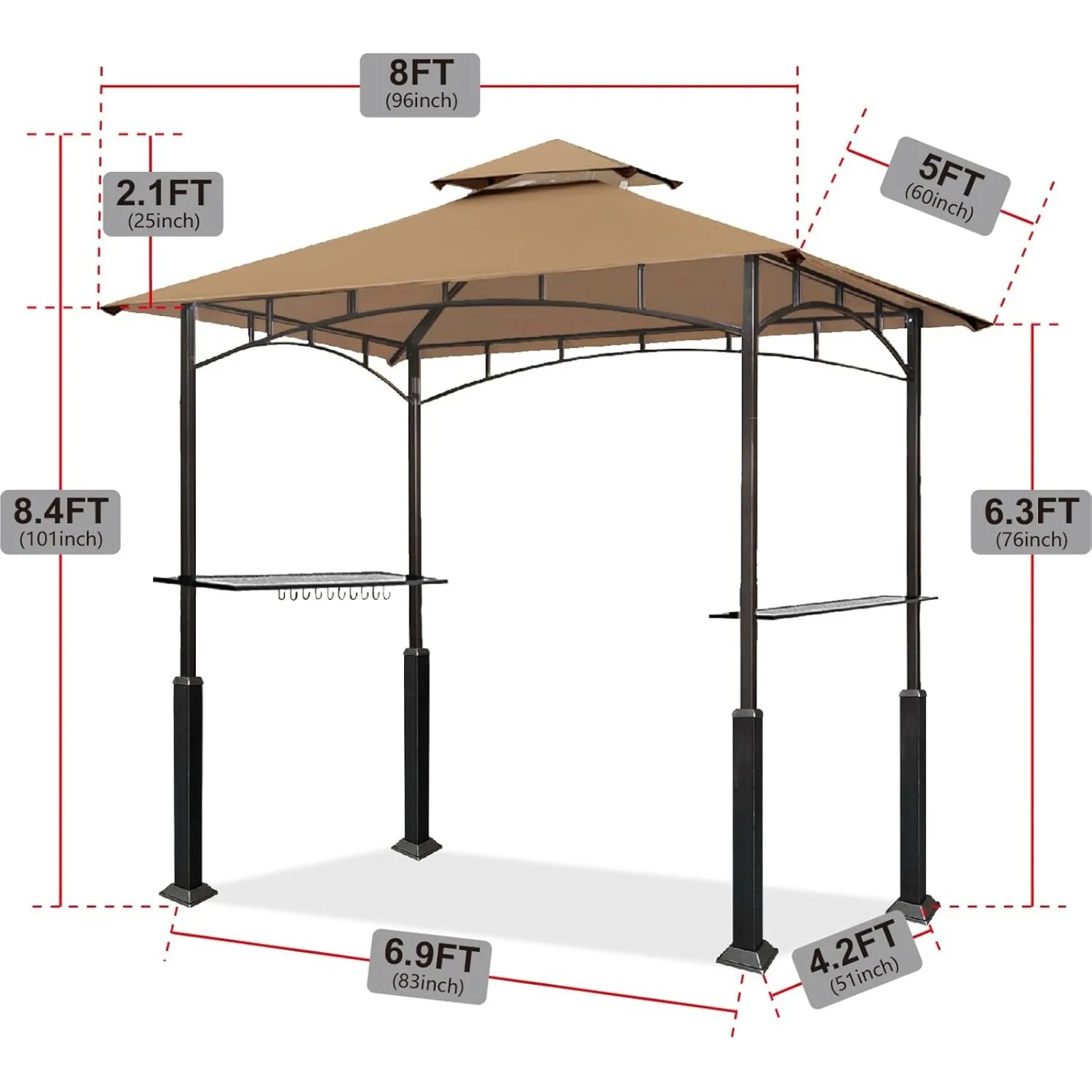 US USA 5x8 Grill Gazebo Shelter for Patio and Outdoor Backyard BBQ's, Double Tier Soft Top Canopy and Steel Frame with