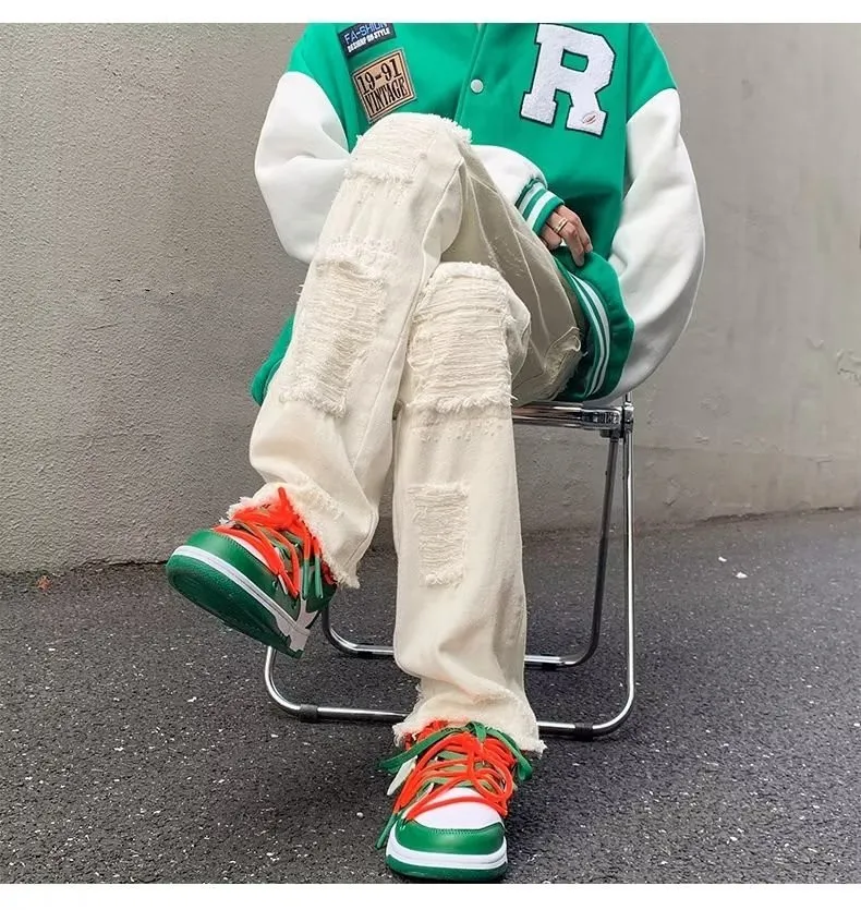 2024 spodnie y2k Streetwear weiß schlank zerrissen gestapelte Jeans Hosen für Männer Kleidung Gothic gebürstet lange Hosen Pantalones Hombre – Detail 30