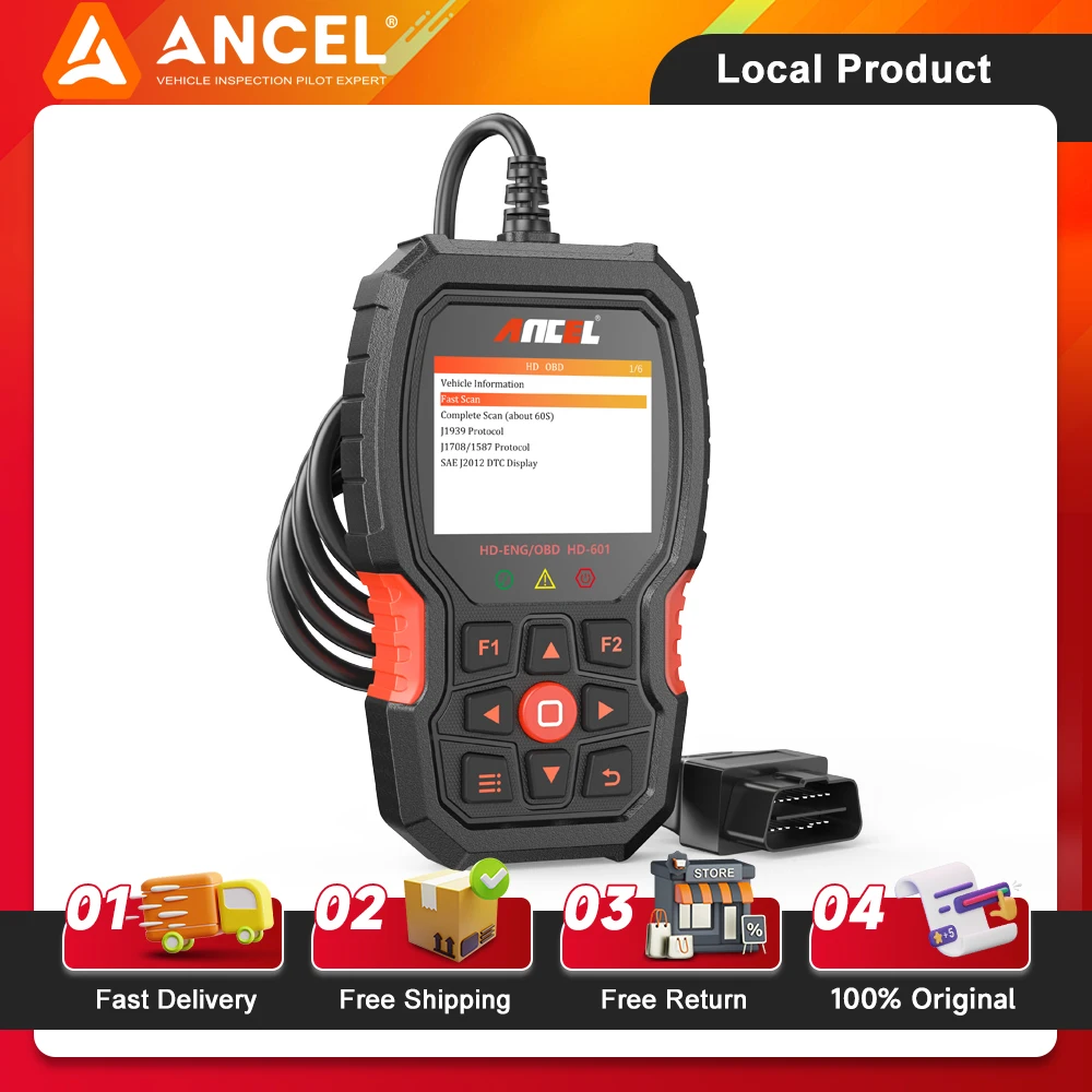 

ANCEL HD601 Сверхмощный сканер для грузовиков, все системы дизельного диагностического сканера, подходит для считывателя кодов грузовиков Cummins, Detroit и автомобилей