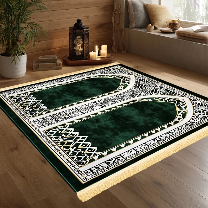 3 Person Green White Geometric Arch Islamic Group Prayer Rug Golden Fringe Muslim Large Prayer Mat Non Slip Worship Carpet Ramad