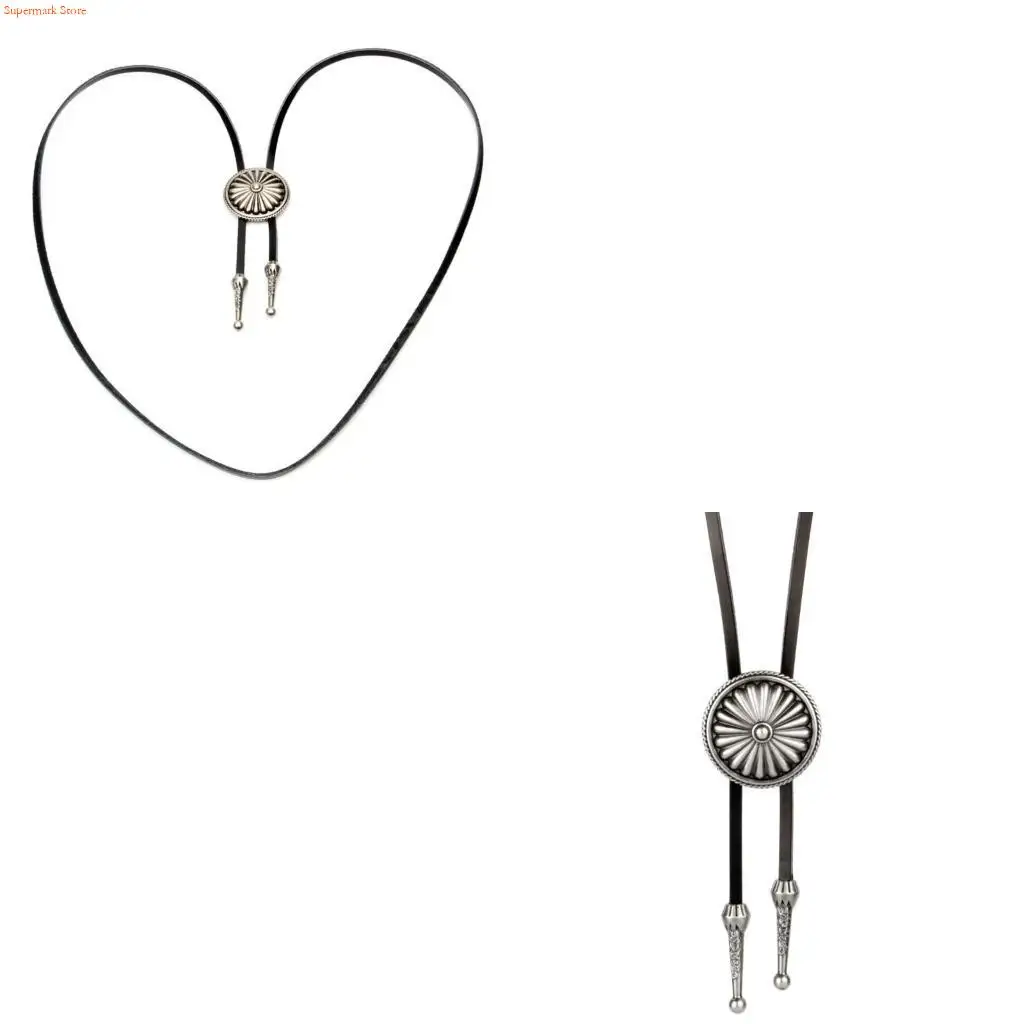 Q5WE Vintage Round Bolo Tie Necklace Western Bolo Tie Cowboy Tie Sweater Chain Cowboy Leather Necktie Vintage Bolo Tie