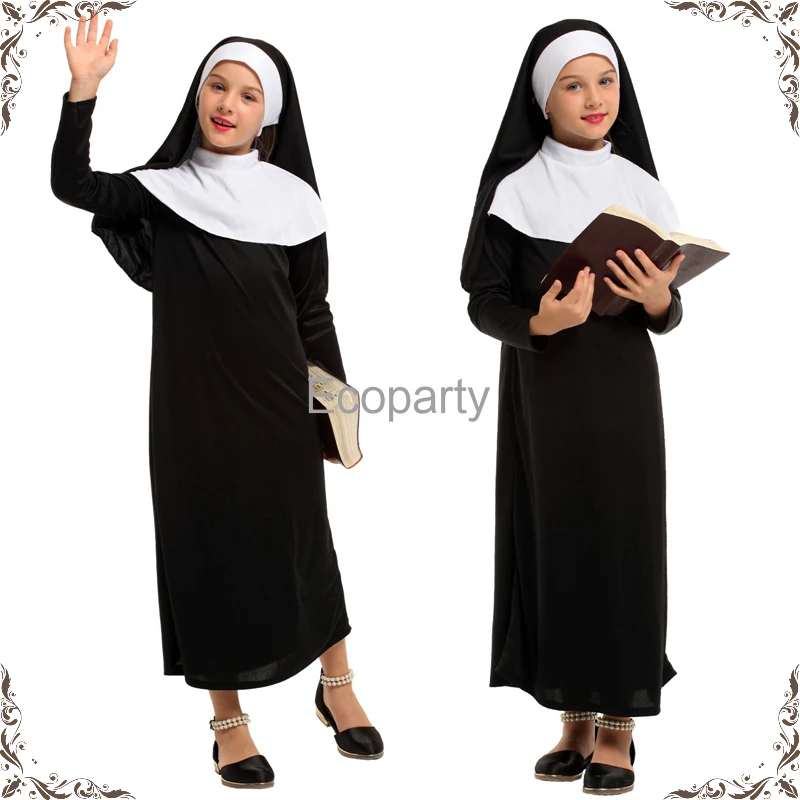 

Halloween Girls Nun Cosplay Costume Lovely The Virgin Mary Nun Robe Headscarf Uniform Set For Children Carnival Party Dress Up