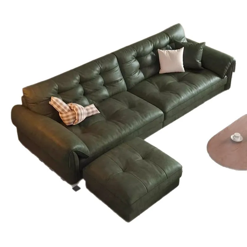 Italian minimalist leather sofa living room French retro straight row elephant ears oil wax leather sofa group
