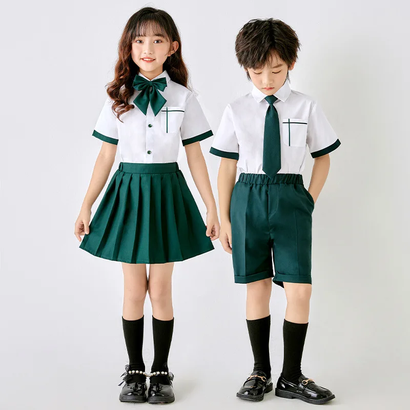 

Children Summer Class Uniform Suit Set Boys Girls Chorus Performance Party Photography Costume Kids Shirts Shorts Tie Clothes