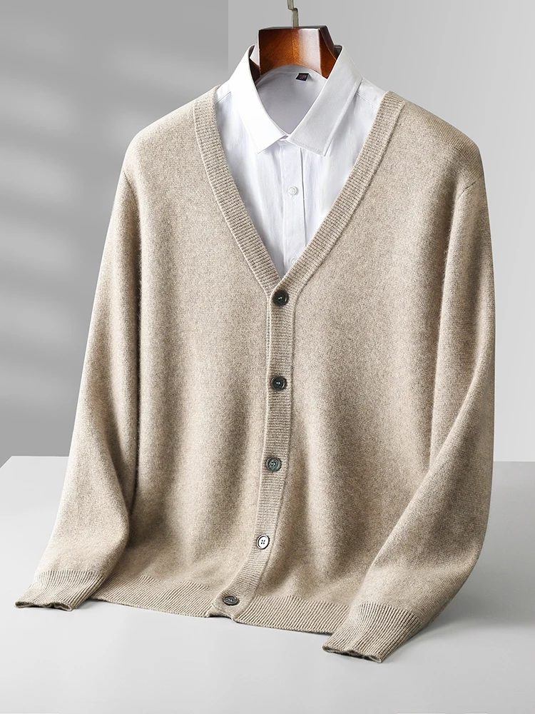 Men's Cashmere Sweater Thick V-neck Long Sleeve Cardigan Autumn Winter 100% Merino Wool Knitwear Smart Casual Sweater Coat Tops