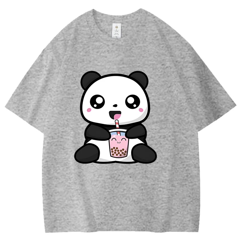 Cute Panda Drinking Milk Tea Pattern Men Women Cotton T-Shirt Simple Unisex Tees Loose Large Size Top Couple Street Fun Clothing