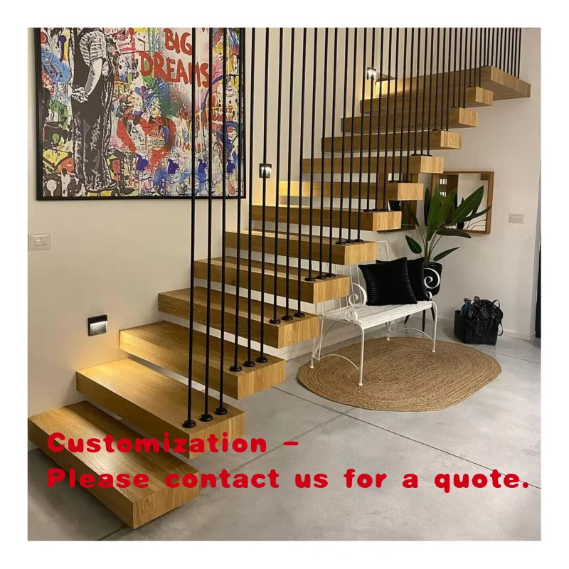 custom.Customize Hot Sale Fashion Design LED Solid Wood Step Floating Stairs Straight Staircase Stair Railing Foshan Factory
