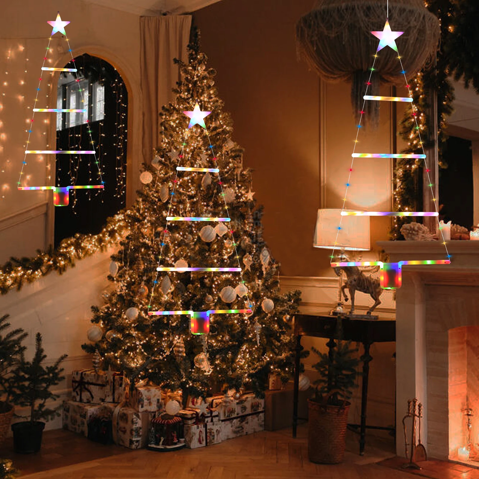 Battery Operated Hanging Christmas Tree Shape LED Light, Star Topper Design, Window Wall Decor, Batteries Not Included