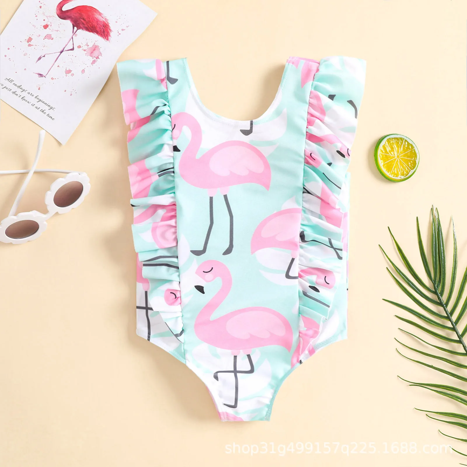 Baby one piece swimsuit with full print flamingo pattern and side ruffle decoration,suitable for pool play and seaside vacation