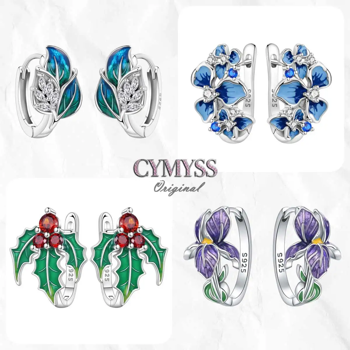 

S925 Sterling Silver Purple Flowers Plants leaf Series Earring Hoop Earrings For Women Jewelry Fine Birthday Party Gifts Eardrop