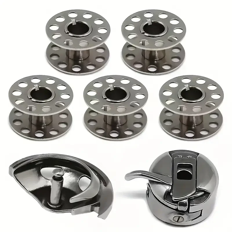 7-piece set of vintage sewing machine accessories: durable metal shuttle core, shuttle shell hook, and shuttle core box