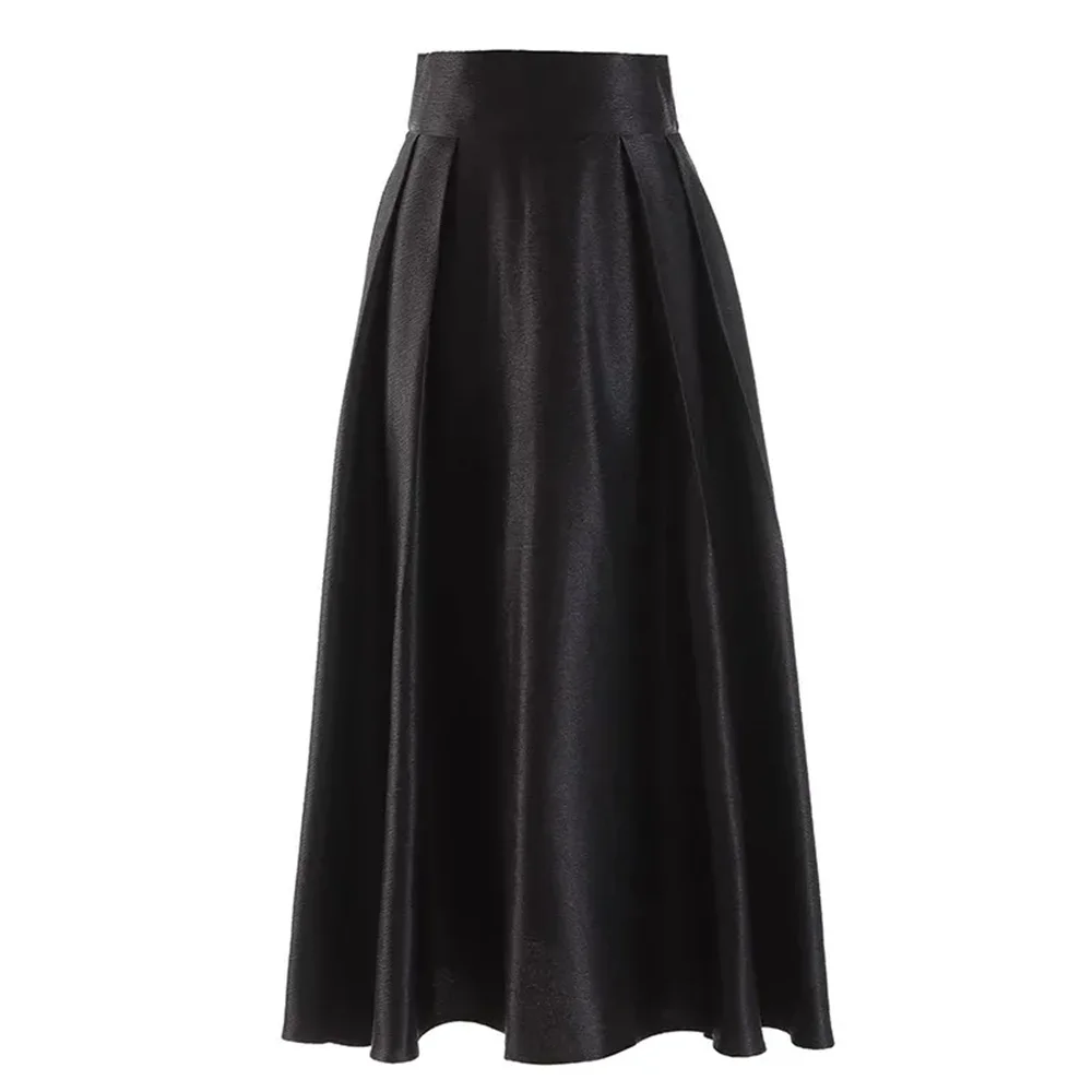 Vintage Französischer Dunkelgrüner Satin-Maxirock für Damen – Hochtaillierter, Gürtelbesetzter Schlagrock – Modische Party-, Hochzeits- und Abendröcke 2026 – Detail 3