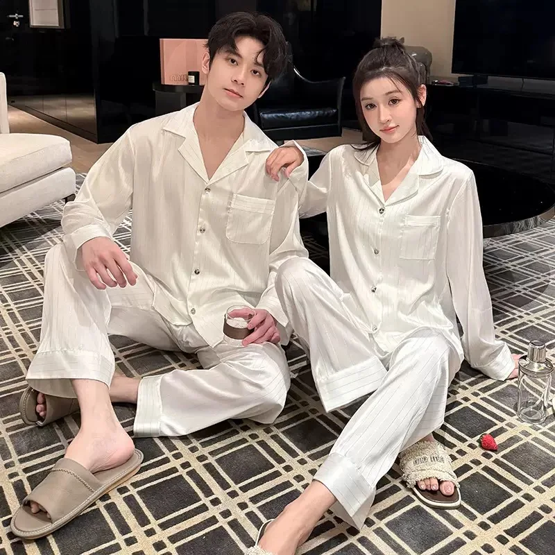 Premium black and white silver bar spring new pajamas couple advanced temperament simple striped home