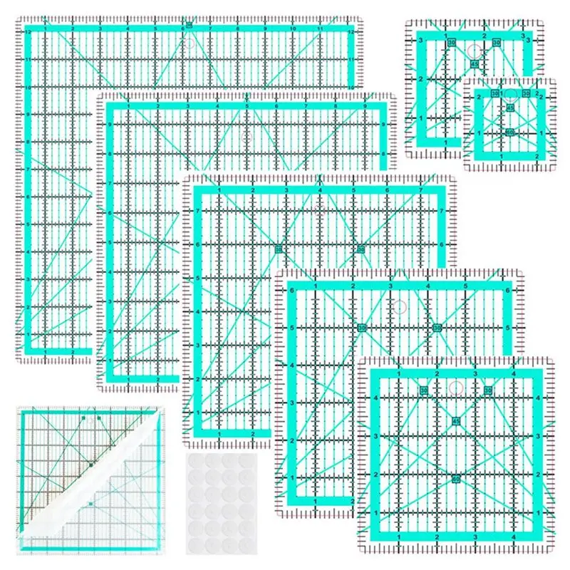 Règle de col 7 pièces A25F-Blue, règle carrée de quilting DIY - Bleue avec 24 patins antidérapants, ensemble de règles d'angle p