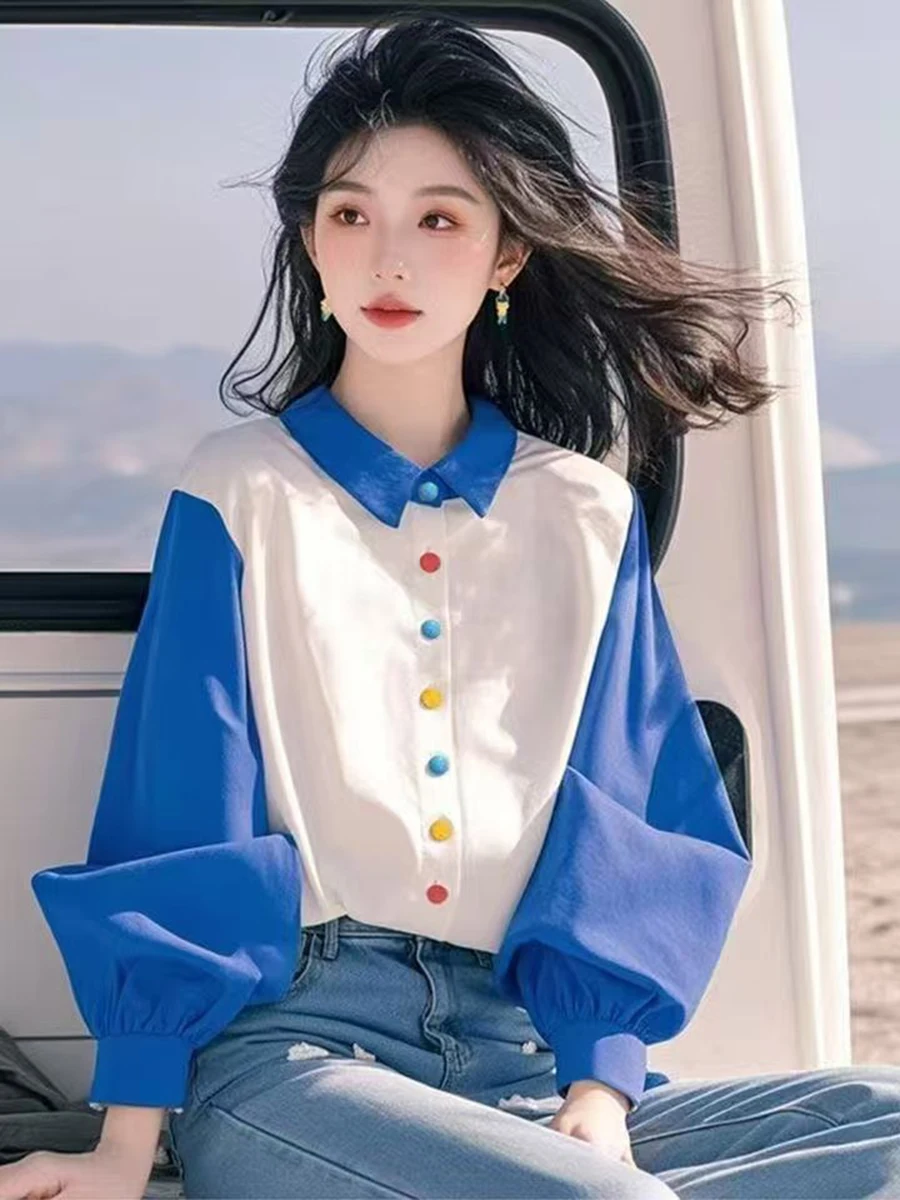 Lanterna Blo di colore blu unica Sve irt Faion Design da donna Primavera Pendolarismo Sle Vestibilità ampia Lunga Sve Ne