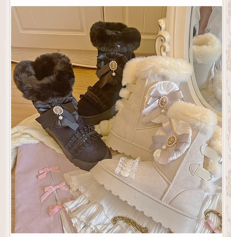 日本製オリジナルロールスノーブーツ、スイートレースアップ、パール装飾付きカジュアルシューズ、冬用ファー付きレディースプラッシュウォームミッドブーツ