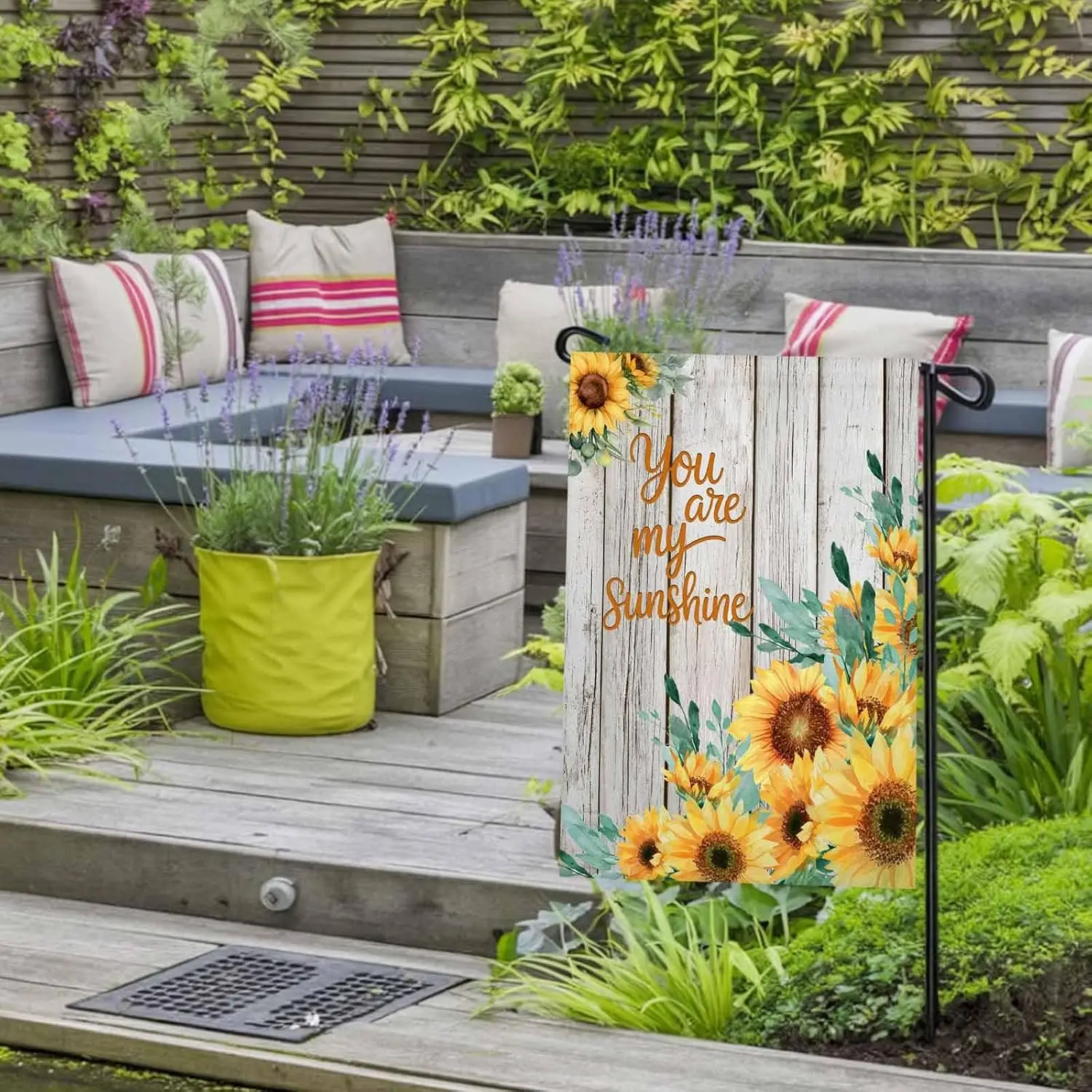 YOU ARE MY SUNSHINE Garden Flag for Outside, Spring Summer Flowers Green Leaves Wood Grain 12x18 Inch Double Sided, Weatherp MMZ