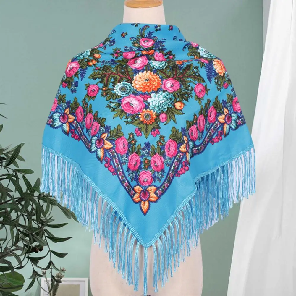 Ethic Style Floral Print Shawl Fringed Elegant Soft Women Blanket Scarf Fall Winter Middle-Aged Women Square Shawl Neck Wrap