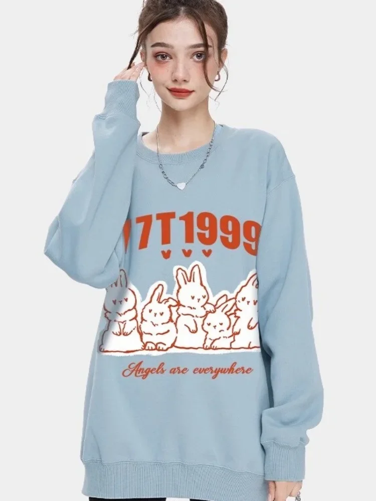 High Street Sky Blue Cotton Hoodieเสื้อกันหนาวอเมริกันRetroน่ารักกระต่ายตัวอักษรกราฟิกหลวมOversizeผ้าฝ้ายเสื้อผ้าเกาหลี