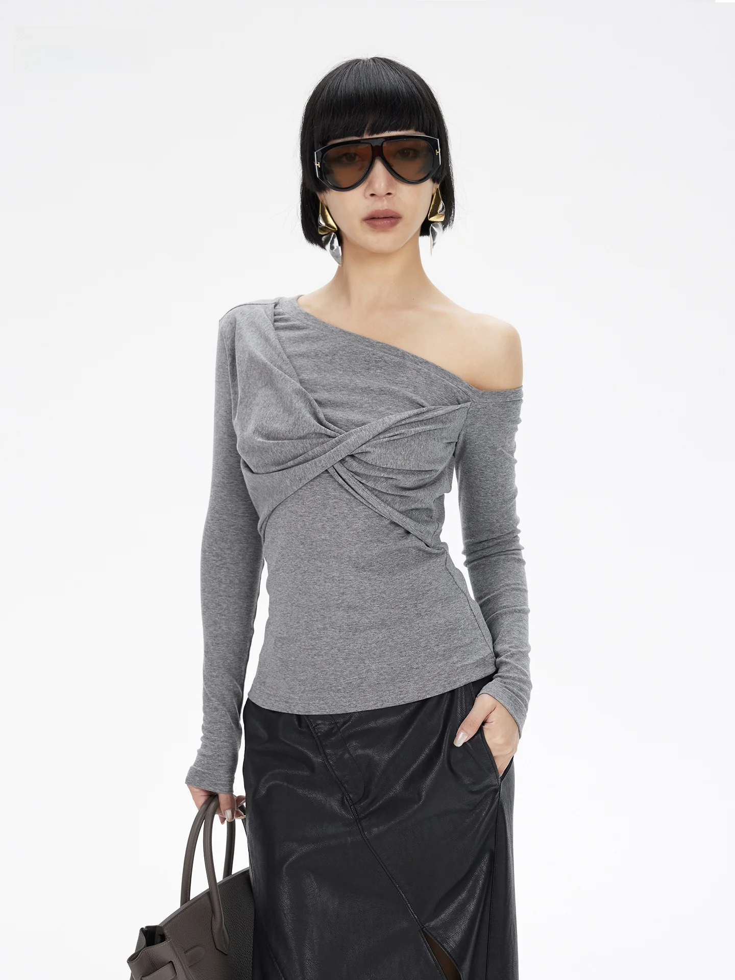 

TINY in Original Design Knitted Knot oulder Long Sve Simple Match All Cotton Women's Base irt Slant oulder Sle