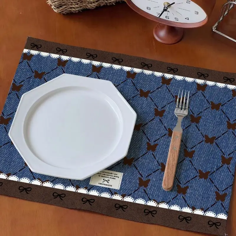 VIKAMA Blue Denim Butterfly Lace Trim Dining Placemat Table Mat Kitchen Decor Tabletop Dinnerware Elegant Soft Durable Cozy Fun