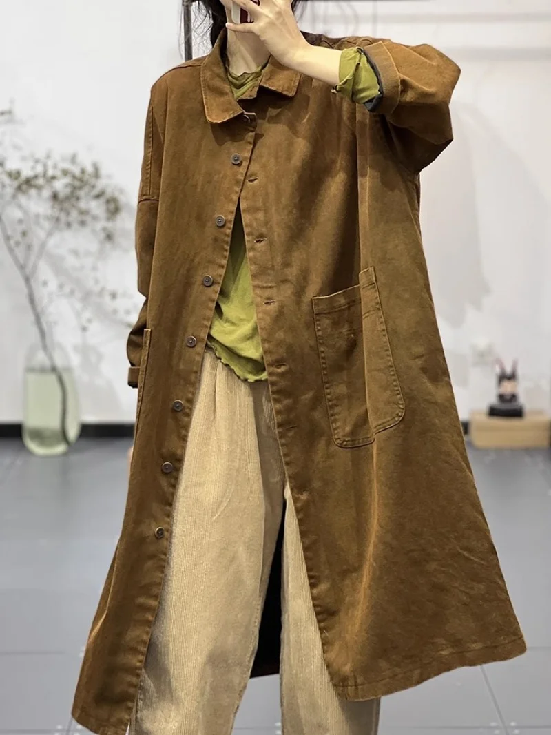 เสื้อโค้ทกันลมทรงยาวสไตล์ลำลองสำหรับผู้หญิง รุ่น w694 สีพื้นเรียบง่าย หลากหลายสไตล์ แบบเรโทร ศิลปะ ฤดูใบไม้ร่วง ปี 2025