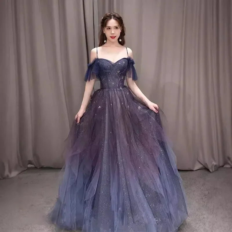 

2025 Новое стильное вечернее платье длиной до пола со звездами и лунами, длинное синее платье, элегантное шикарное вечернее платье