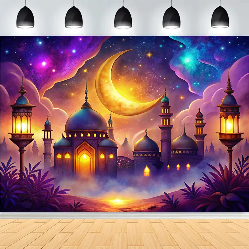 

Ramadan Shiny Golden Crescent Moon Lanterns Background Eid Mubarak Arabic Islamic Mosque Palace Photography Backdrops MO-02
