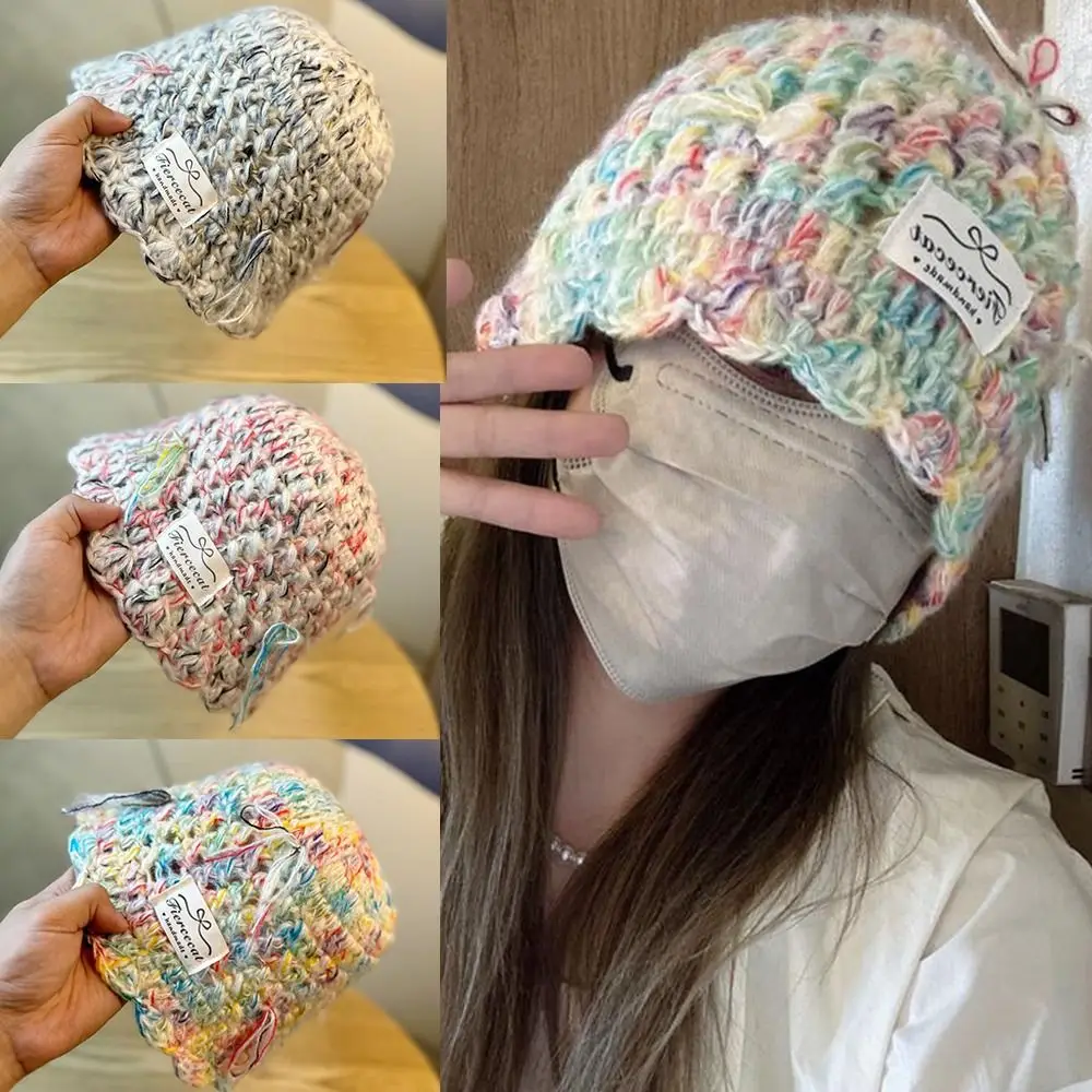 قبعة صوفية ملونة محبوكة مقاومة للرياح ، آذان واقية من القوس الحلو ، قبعة بلا لجام ، الخريف والشتاء