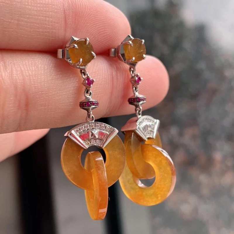 Creative retro inlaid ice kind of natural Hetian topaz Interlocking drop earrings for women classic classical style jewelry