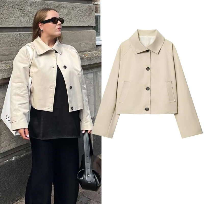 

Женский бежевый плащ-тренч 2026: Новая весенняя женская ветровка с длинным рукавом, короткая, элегантная, модная