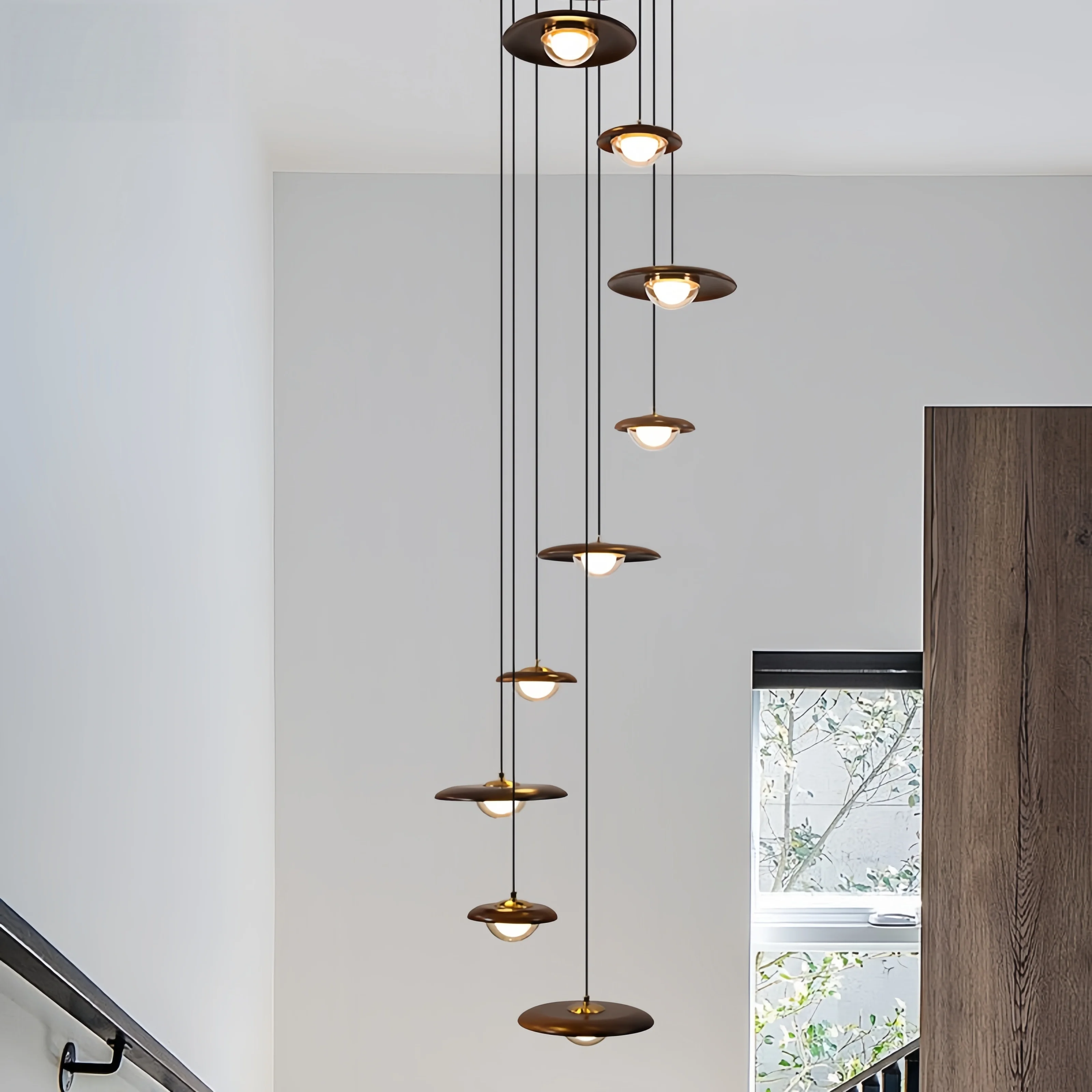 2026 New Solid Wood Villa Living Room High Ceiling Small Duplex Spiral Staircase Pendant Light Home Changeable