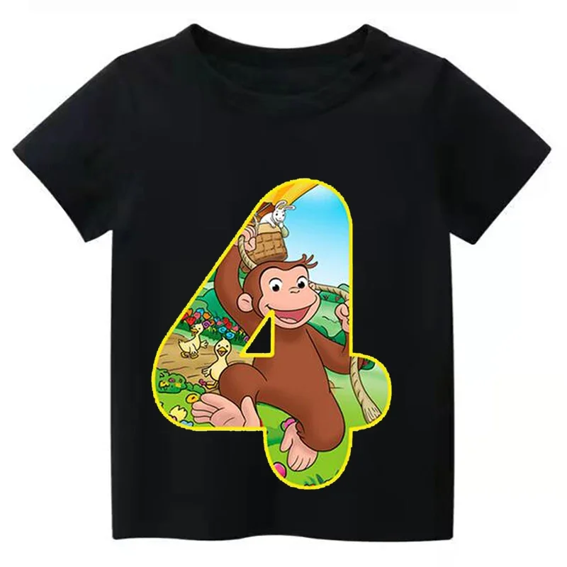 Birthday Number Kids T-shirt Curious George Cute Monkey Print Cartoon Tshirt 1-9 Years Boys Clothes Baby Girls T-shirts Tops