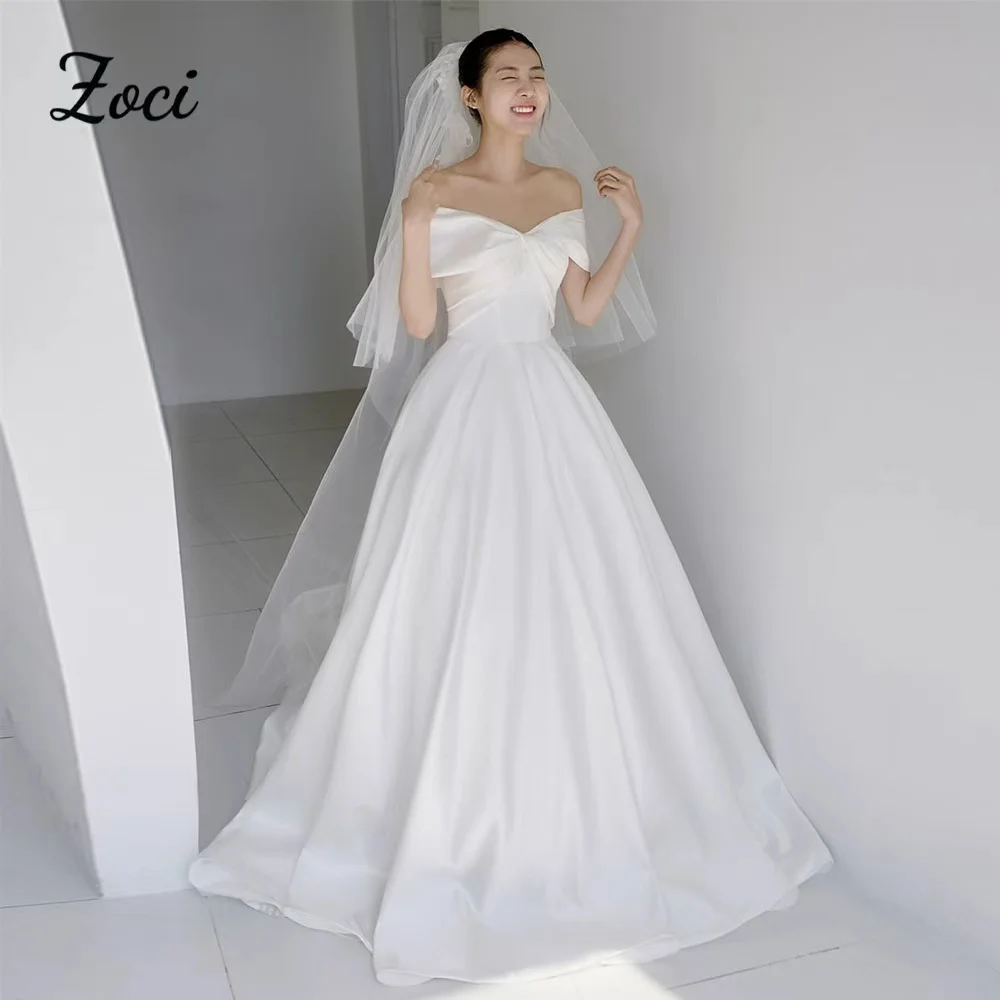 

Zoci Simple Satin A-line Korea Wedding Dress Off The Shoulder 웨딩드레스 Women Bridal Gowns Draped Korea Photoshoot Customized
