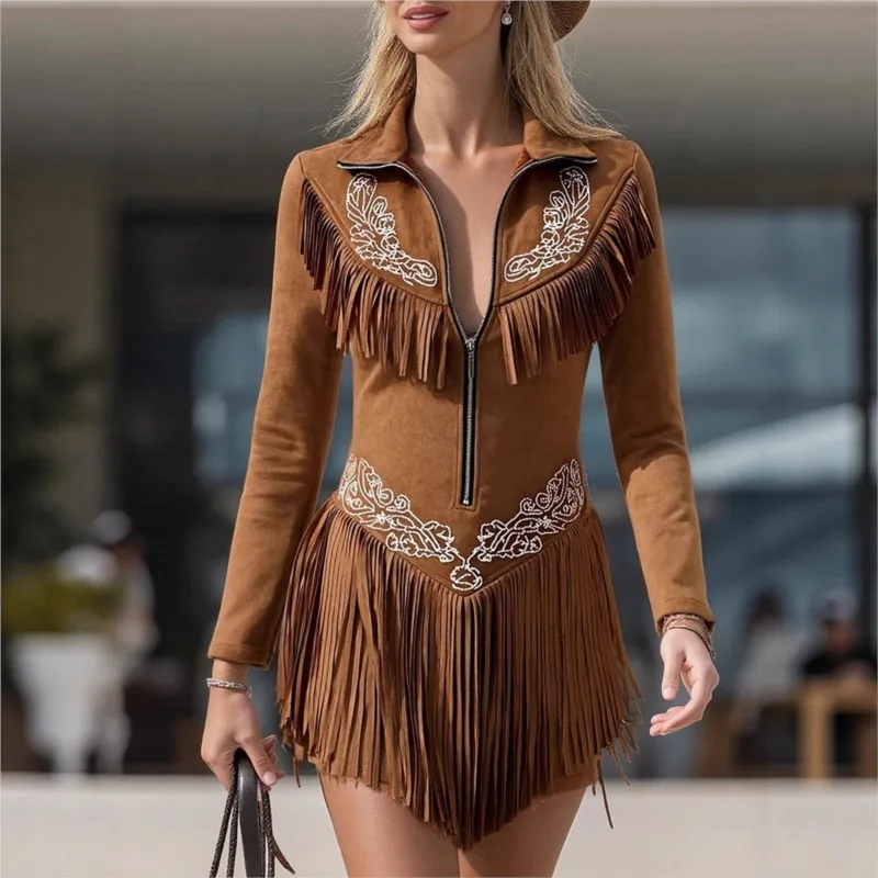 Abiti da donna con nappe in pelle scamosciata solida retrò occidentale Colletto rovesciato con cerniera Abito sui fianchi sottili Abito con scollo a V a maniche lunghe nuovo autunno