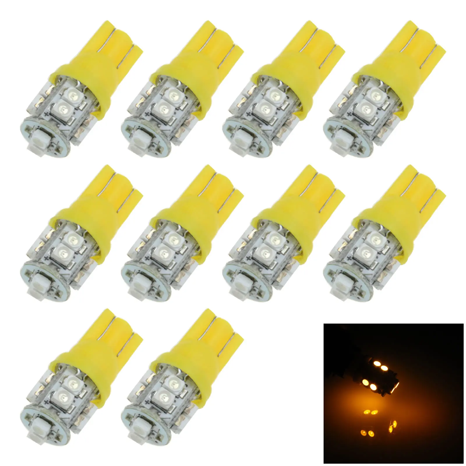 10x Yellow Car T10 W5W Tail Bulb Clearance Lamp 10 Emitters 3528 SMD LED 147 152 158 12961 A026-Y