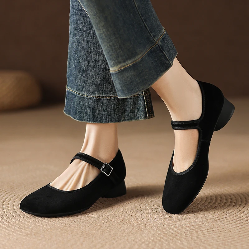 2026 new spring summer women pumps natural leather 22-25cm kid suede +pigskin+sheepskin round toe round heel mary janes shoes view 5