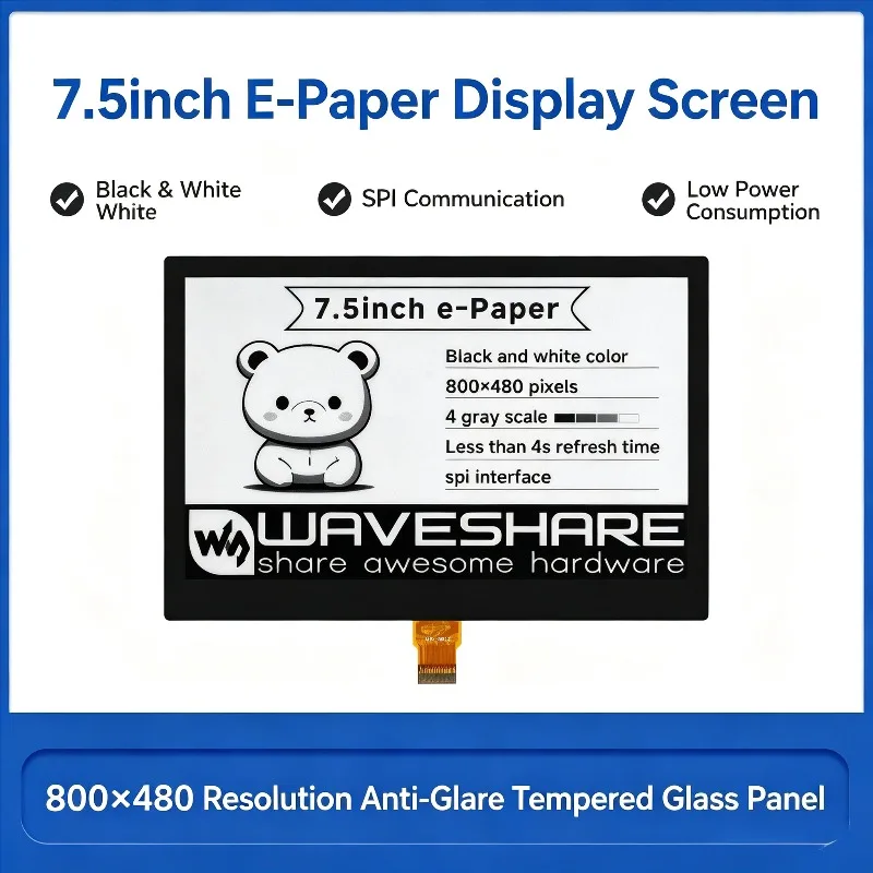 Waveshare 7.5-inch e-Paper bare screen, full-refresh black-and-white e-ink screen, fully bonded anti-glare tempered glass